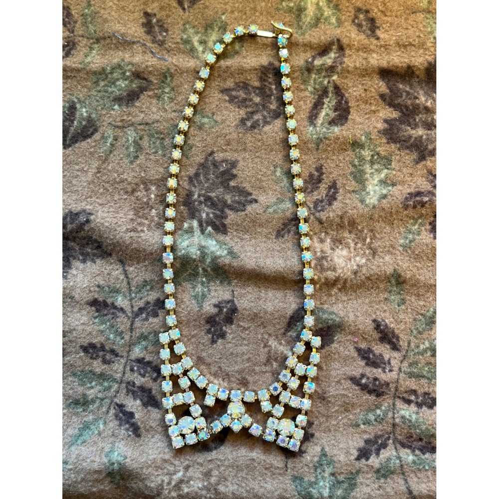 Aurora Borealis Rhinestone Bib Necklace Gold Tone Iridescent Glamour